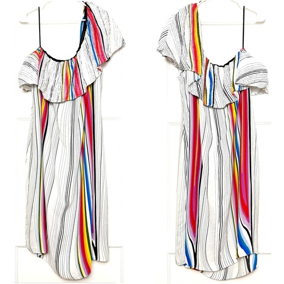 RACHEL ROY Rainbow Stripe Asymmetric Ruffle‎ 1 Shoulder Sleeveless Midi Dress 3X - Picture 3 of 6